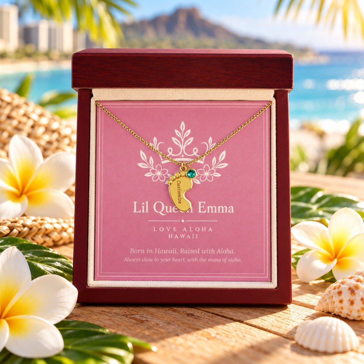 Lil Queen Emma Baby Name Necklace with birthstone in luxury gift box, Waikiki